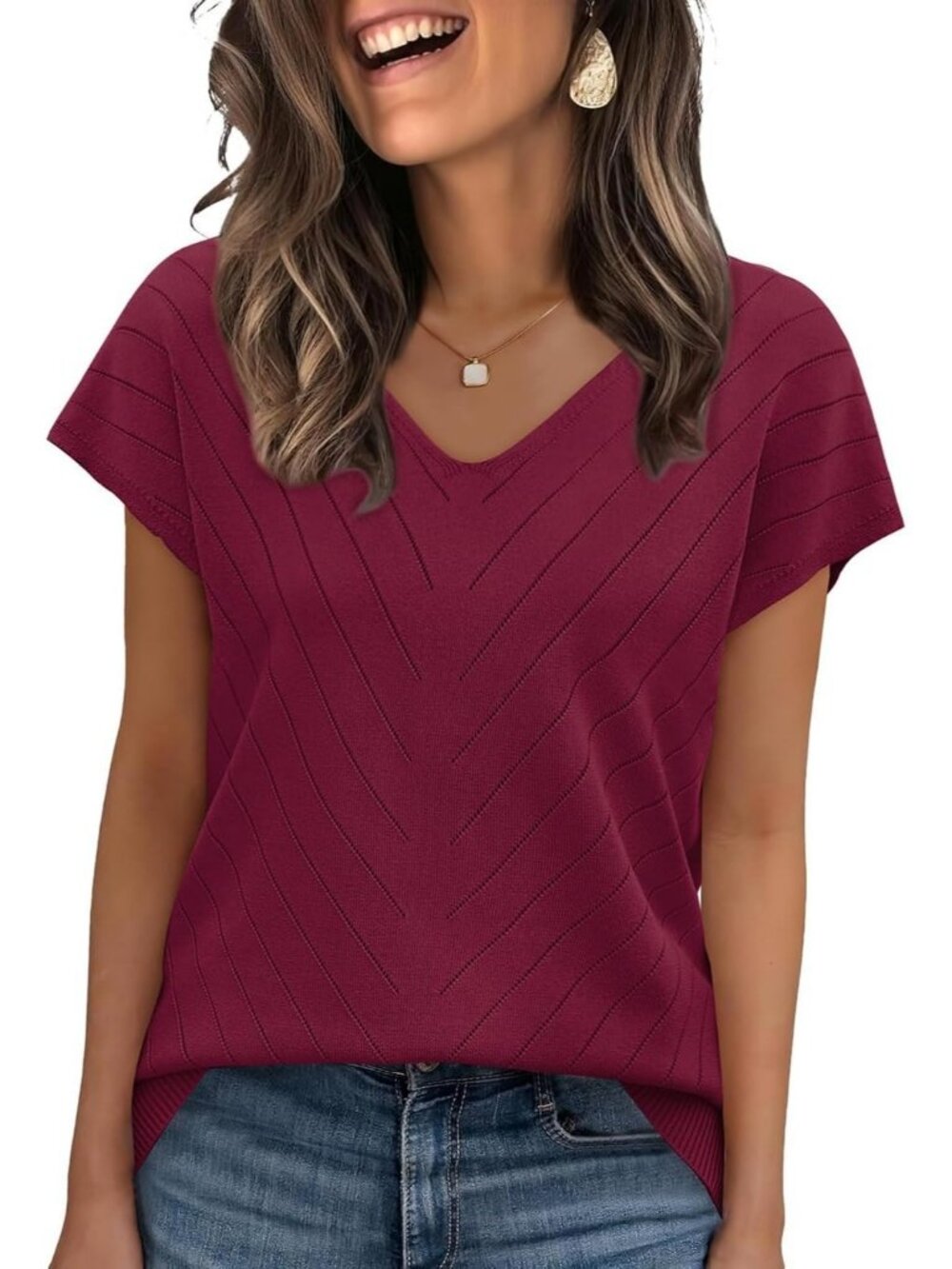 Women's W Red Trendy Summer Tops Sweater Pullover V-Neck Pull On Short Sleeve